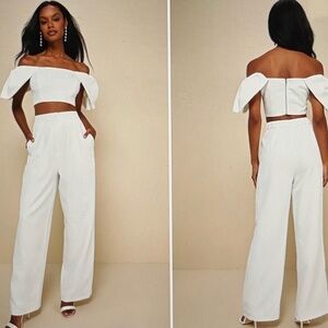 NWT LuLu’s Captivating Entrance White Off-the-Shoulder Two-Piece Jumpsuit